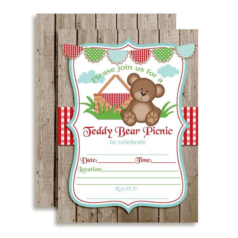 Amanda Creation Teddy Bear Picnic Birthday Party Invitations, 20 5x7 Fill In Cards with Twenty White Envelopes by AmandaCreation - Image 1